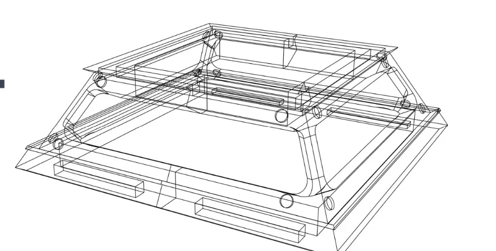 Despiece en wireframe de la estructura del banco de pruebas